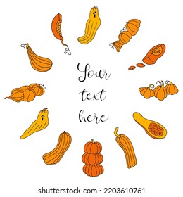 Cute autumn vector illustration, hand drawn pumpkins, isolated on white background