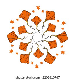 Cute autumn vector illustration, hand drawn pumpkins, colorful round composition, isolated on white background
