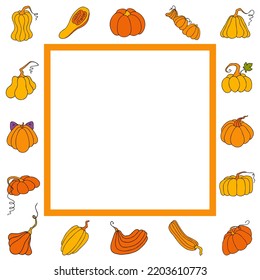 Cute autumn vector illustration, hand drawn pumpkins, creative square frame