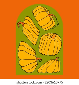 Cute autumn vector illustration, hand drawn pumpkins, colorful simple composition