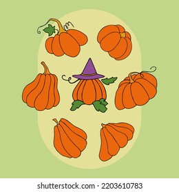 Cute autumn vector illustration, hand drawn pumpkins, abstract colorful design