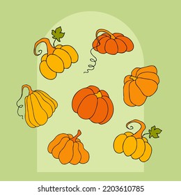 Cute autumn vector illustration, hand drawn pumpkins, abstract colorful design
