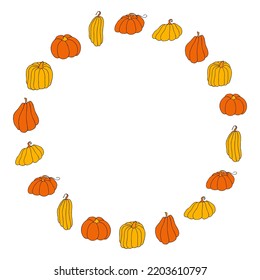 Ilustración vectorial de otoño, calabazas dibujadas a mano, aisladas en fondo blanco