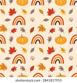 Cute autumn vector seamless pattern with pumpkins, boho rainbows, and fall leaves on cream background for Thanksgiving decor, apparel, and wallpaper.