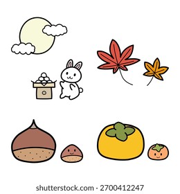 Cute Autumn Vector Set with Moon Rabbit, Maple Leaves, Chestnuts, and Persimmons