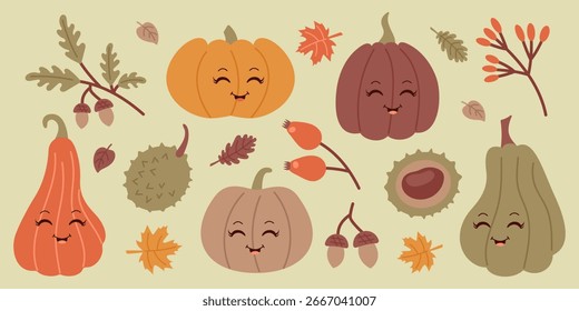 Lindo Vector de otoño con calabazas, castañas, bellotas, hojas de otoño y Elementos de cosecha estacional. Caras lindas divertidas en verduras. Decoración del día de Acción de Gracias y diseño del festival del otoño