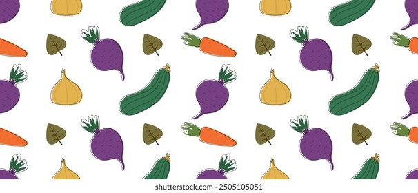 Cute autumn vegetables seamless pattern. Flat style illustration. Fall season seamless pattern for design. Vector horizontal autumn vegetables ornament. Pattern isolated on changeable white back.