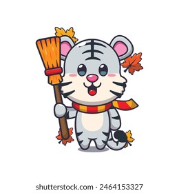 Cute autumn white tiger holding broom. Mascot cartoon vector illustration suitable for poster, brochure, web, mascot, sticker, logo and icon.
