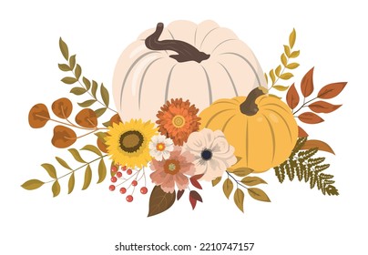 Cute autumn white and yellow pumpkins, flowers, berries, and leaves arrangement. Isolated on white background. Seasonal harvest design for greeting or poster.