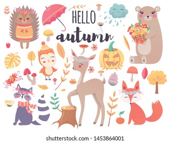 Cute Autumn Woodland Animals and Fall Floral Forest Design Elements