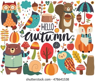 Cute Autumn Woodland Animals And Fall Floral Forest Design Elements