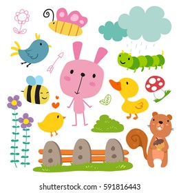 Cute Autumn Woodland Animals and Fall Floral Forest Design Elements