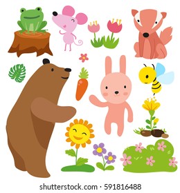 Cute Autumn Woodland Animals and Fall Floral Forest Design Elements