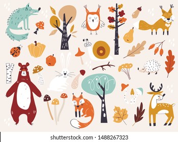 Animales de bosque de otoño y elementos de diseño de bosques florales. Conjunto de adorables personajes de dibujos animados de otoño, plantas y comida. Temporada de otoño. Festival de la cosecha o Día de Acción de Gracias. decorativo estilo escandinavo