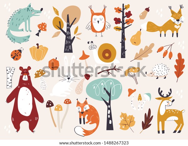 Cute Autumn Woodland Animals Floral Forest Stock Vector (Royalty Free ...