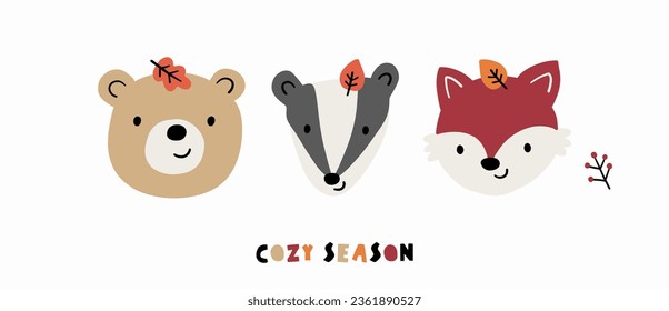 Cute autumn woodland vector illustration. Cartoon bear, fox, badger, tree - illustration in flat style