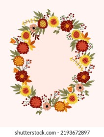 Cute Autumn wreath with colorful flowers, berry, leaves. Composition for your greeting cards, poster, postcard and harvest festival or Thanksgiving.Vector.