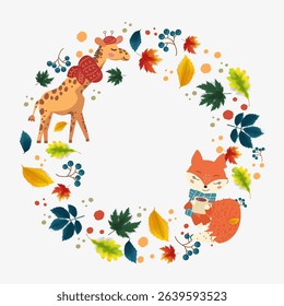 Cute autumn wreath with colorful leaves, berries, and playful animals giraffe and a fox. Perfect for children’s designs, seasonal projects, and festive illustrations celebrating fall and nature. 