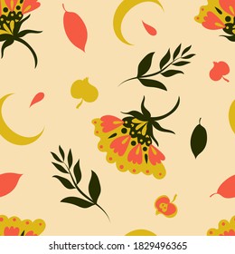 Cute autumnal pattern in natural warm colors with flowers, twigs, leaves, berries and moons on light yellow background