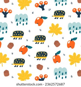 Cute autumnal seamless pattern. Funny hand drawn doodle repeatable pattern with nature elements, leaves, hedgehog, apple, acorn, forest, rainy cloud