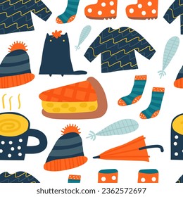 Cute autumnal seamless pattern. Funny hand drawn doodle repeatable pattern with black cat, socks, pumpkin pie, hat, sweater, umbrella, rubber boots, cup of tea
