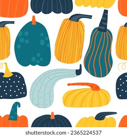 Cute autumnal seamless pattern. Funny hand drawn doodle repeatable pattern with nature elements, pumpkins, gourds