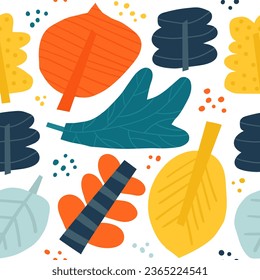 Cute autumnal seamless pattern. Funny hand drawn doodle repeatable pattern with nature elements, leaves