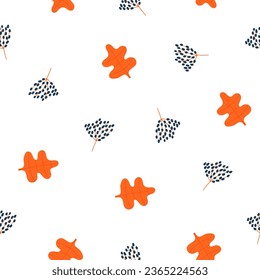 Cute autumnal seamless pattern. Funny hand drawn doodle repeatable pattern with nature elements, leaves, plants, berries