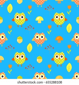 Cute autumnal seamless pattern owl vector