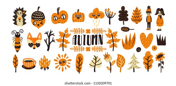 Cute aututmn illustration set. Vector bright collection. Nursery creator