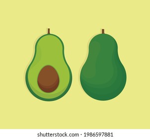 Cute avacado and avocado slices vector flat design illustration, Cartoon style Green Avocado hand drawn flat vector icon isolated on white. Fresh fruit symbol in flat style Tropical Furits Vector