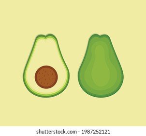 Cute avacado and avocado slices vector flat design illustration, Cartoon style Green Avocado hand drawn flat vector icon isolated on white. Fresh fruit symbol in flat style Tropical Furits Vector