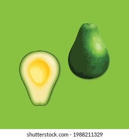 Cute Avacado And Avocado Slices Vector Flat Design Illustration, Cartoon Style Green Avocado Hand Drawn Flat Vector Icon Isolated On White. Fresh Fruit Symbol In Flat Style Tropical Furits Vector