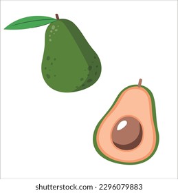Cute avacado and avocado slices vector flat design illustration, Cartoon style Green Avocado hand drawn flat vector icon isolated on white. Fresh fruit symbol in flat style Tropical Furits Vector
