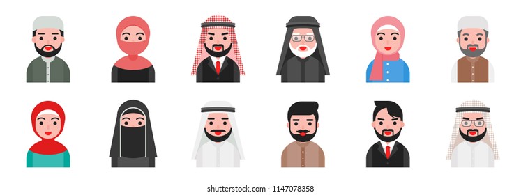 cute avatar Arab Muslim people in flat design