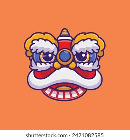 Cute avatar blue lion dance head cartoon vector illustration chinese lunar new year concept icon isolated