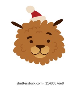 Cute avatar design with a  cartoon dog in a christmas cap. The poster design with a cheerful doggy for happy holiday. Beautiful print with a funny character puppy face for new year postcard. Vector.