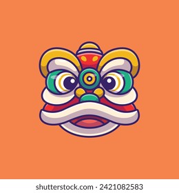 Cute avatar green lion dance head cartoon vector illustration chinese lunar new year concept icon isolated