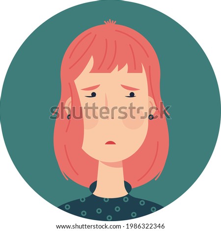 Cute avatar for one sad or resentment ginger hair young woman. Vector illustration in pastel colour.