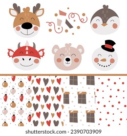 Cute avatars of deer, penguin, dragon, bear and snowman in flat style. Set of vector illustrations of animal faces and seamless patterns of holiday elements. Children doodles.