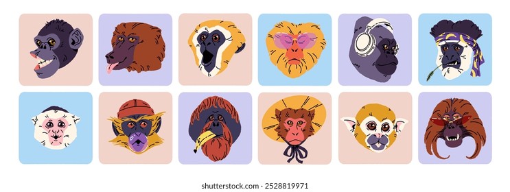 Lindos avatares de monos. Iconos con forma cuadrada con retratos de divertidos primates. Divertidas cabezas, caras sonrientes de gorila, marmoset para el perfil del usuario. Ilustraciones vectoriales aisladas planas en blanco