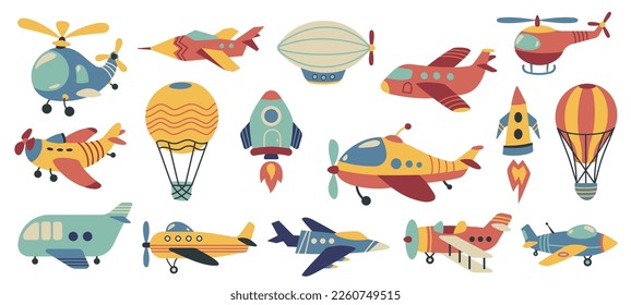 Cute aviation. Doodle colorful air transport, funny airplane helicopter hot air balloon rocket, childish toy aircraft cartoon. Vector isolated set of aviation transport for travel in sky illustration