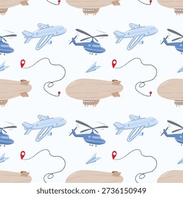 Cute aviation transport pattern with airplanes helicopters and airships for kids