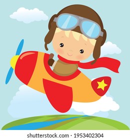 Cute aviator boy vector cartoon illustration