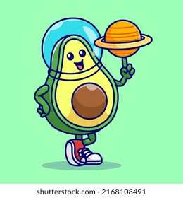 Cute Avocado Astronaut Playing Planet Ball Cartoon Vector Icon Illustration Fruit Science Icon Concept Isolated Premium Vector. Flat Cartoon Style