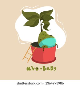 Cute avocado baby with funny emotions. The idea for postcards, stickers, emblem. Element design. Vector illustration.