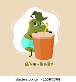 Cute avocado baby with funny emotions. The idea for postcards, stickers, emblem. Element design. Vector illustration.