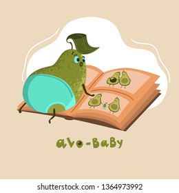 Cute avocado baby with funny emotions. The idea for postcards, stickers, emblem. Element design. Vector illustration.