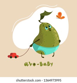 Cute avocado baby with funny emotions. The idea for postcards, stickers, emblem. Element design. Vector illustration.