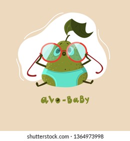 Cute avocado baby with funny emotions. The idea for postcards, stickers, emblem. Element design. Vector illustration.